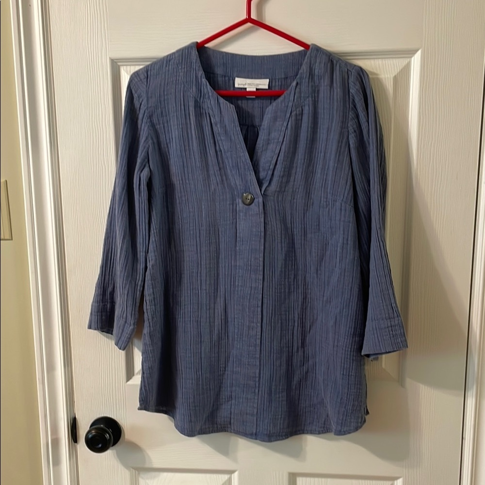 Blue 3/4 Sleeve Soft Cotton Blouse with V-neck Mandarin Collar and Button Detail